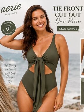 Aerie Real Good Olive Cutout One-Piece Swimsuit Tie Front Women's Large